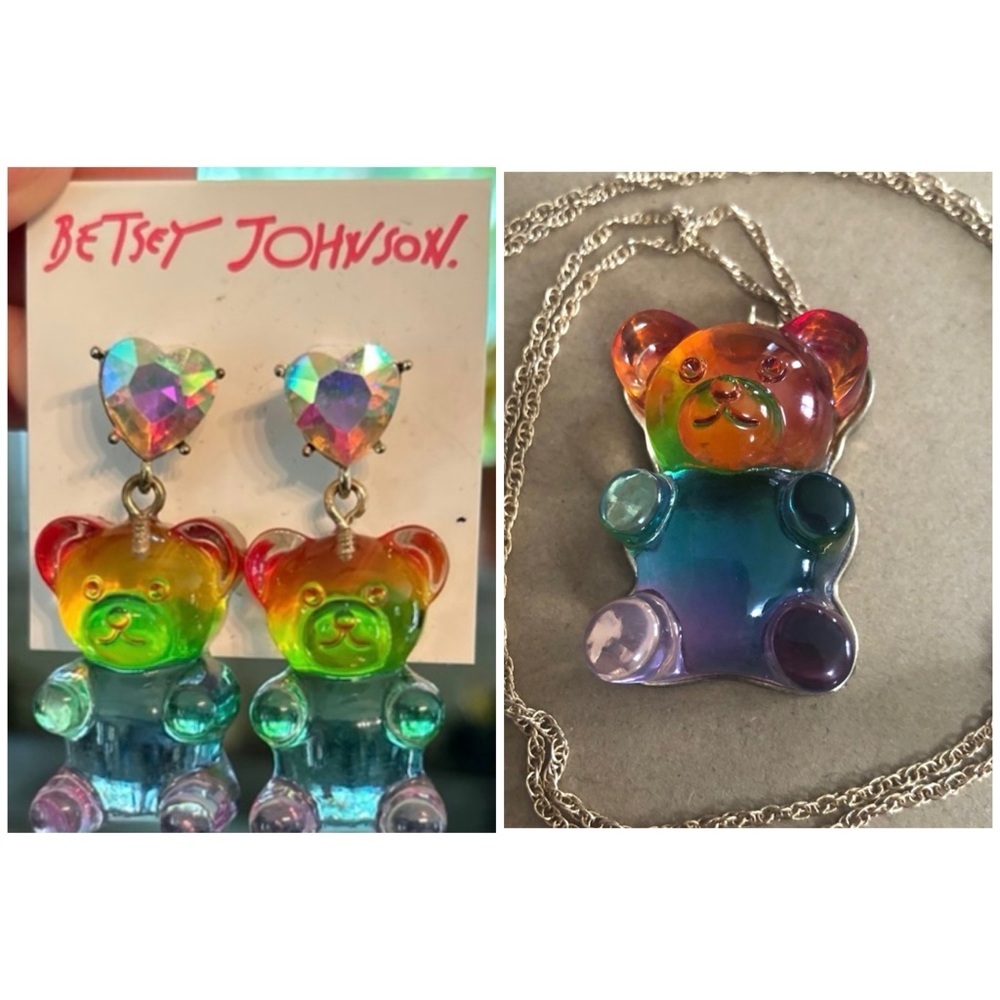 BETSEY JOHNSON SET Rainbow PRIDE LGBTQIA Gummy Bear Earrings & Necklace NEW NWT